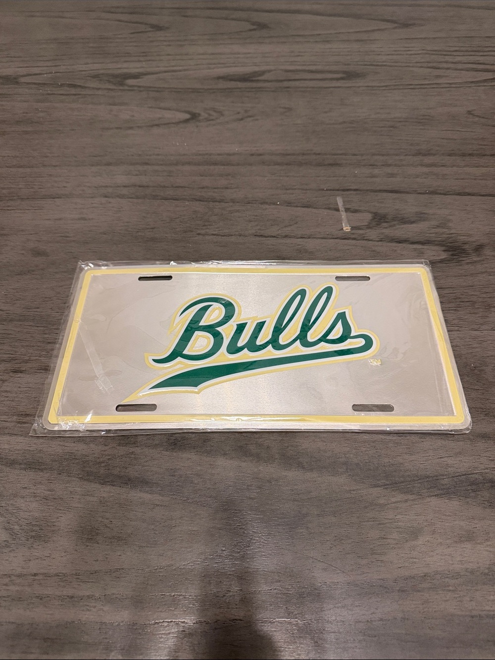 Bulls Script License Plate - Green and Gold Logo